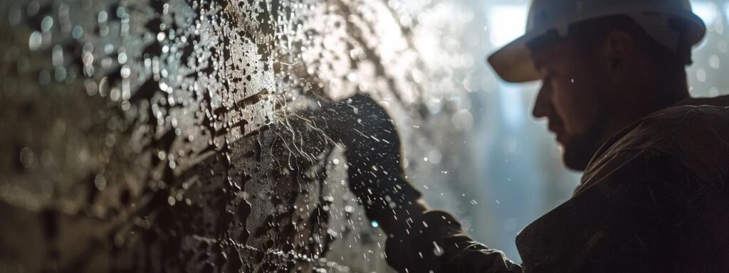 a skilled waterproofing contractor expertly applies a protective sealant to a freshly excavated basement wall in toledo, with glistening droplets highlighting the sheen of the damp surface under bright, focused lighting.