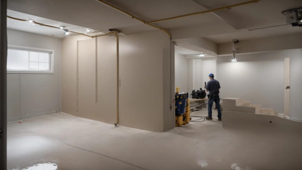 a skilled professional applies a durable waterproofing sealant to a freshly exposed basement wall, showcasing a clean and organized work environment bathed in natural light that highlights the effectiveness of affordable waterproofing solutions in toledo.
