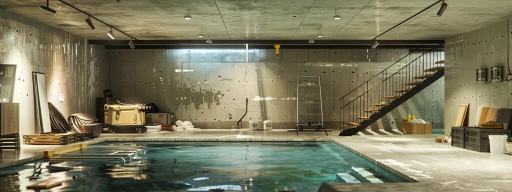 a brightly lit, modern basement undergoing waterproofing, showcasing professionals assessing water damage on walls while various high-tech equipment and materials are neatly arranged nearby.