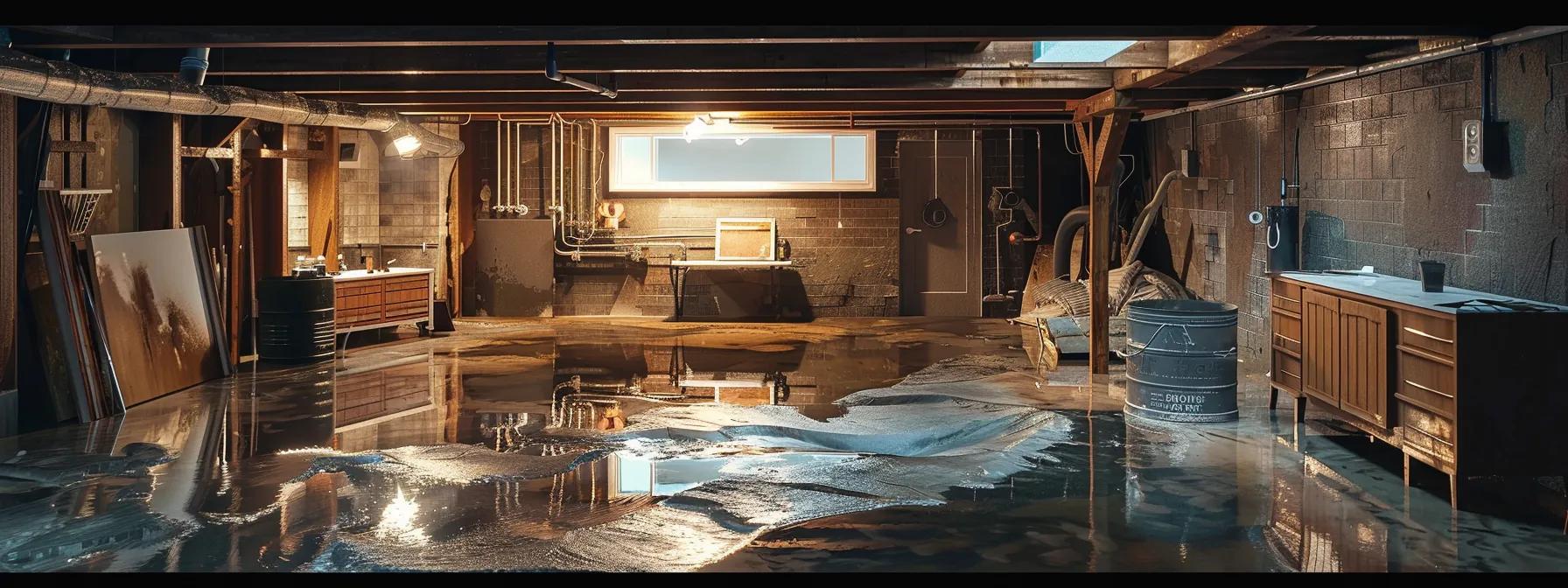 a meticulously arranged basement scene showcases contrasting areas of water damage and waterproofing solutions, highlighting the stark impact of varying water intrusion levels on treatment costs, illuminated by overhead industrial lighting to emphasize the severity of the situation.
