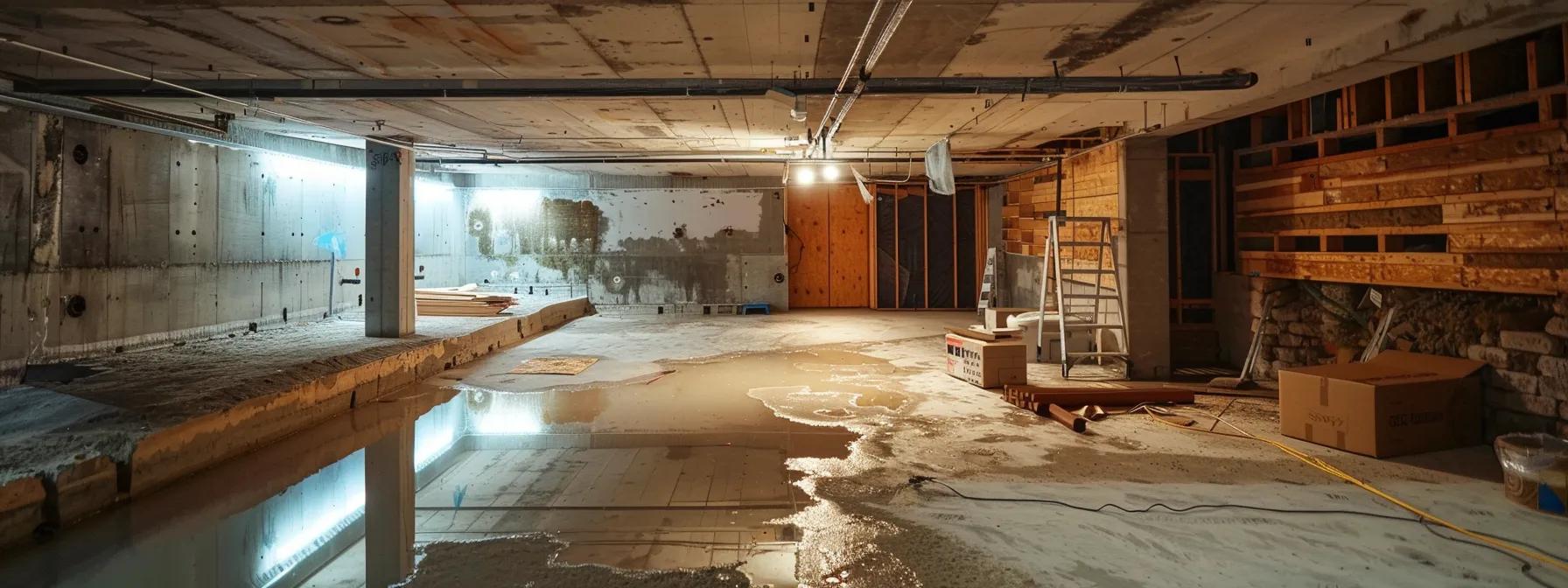 a well-lit, modern basement undergoing waterproofing, showcasing a professional contractor assessing the walls with specialized equipment, emphasizing the importance of expertise and quality in home renovations.
