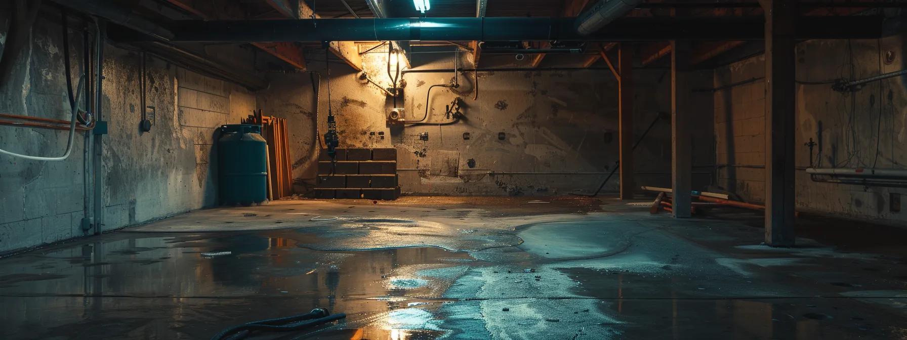 a focused interior shot of a toledo basement undergoing waterproofing, showcasing advanced equipment on a concrete floor amidst the dimly lit, unfinished walls, highlighting the professional process of preventing water damage.