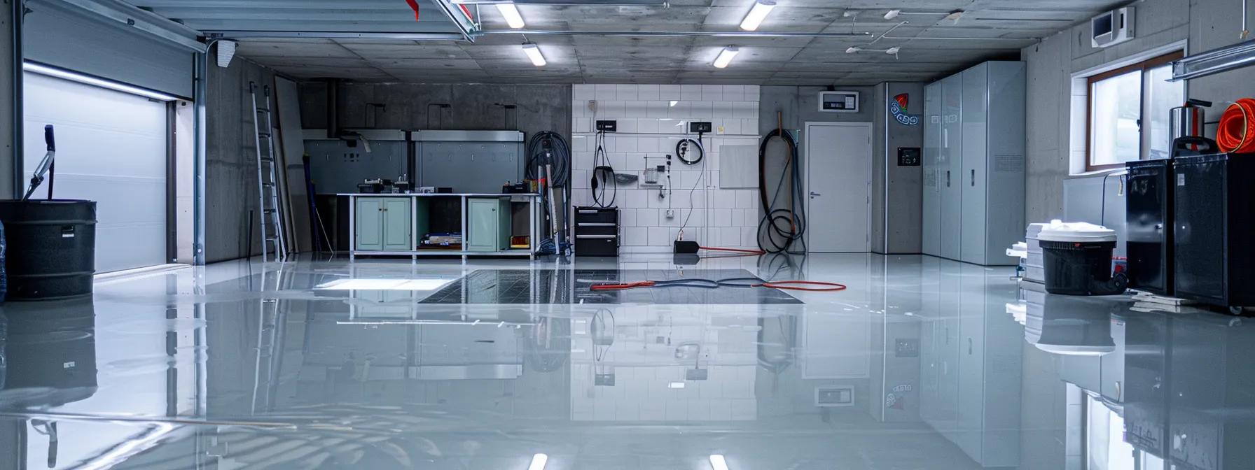 a clean, modern basement undergoing a comprehensive waterproofing assessment, featuring industry tools and equipment strategically arranged under bright, fluorescent lighting to emphasize the meticulous evaluation of moisture issues.