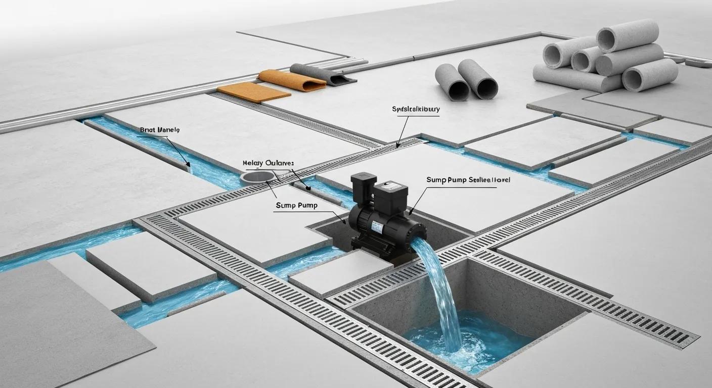 Interior waterproofing materials including sump pumps and drainage channels