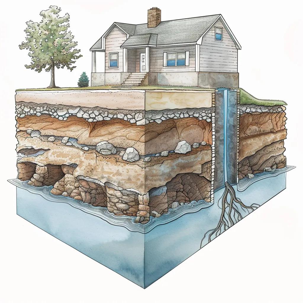 Illustration of hydrostatic pressure on a foundation wall with groundwater buildup