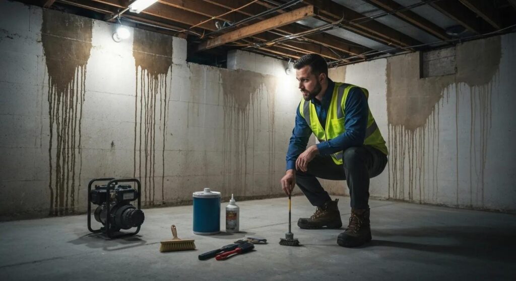 Professional technician inspecting a basement for waterproofing solutions