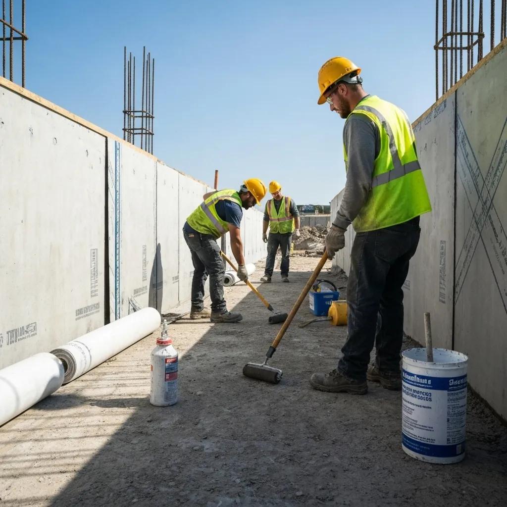 Workers installing exterior waterproofing membranes on a foundation wall