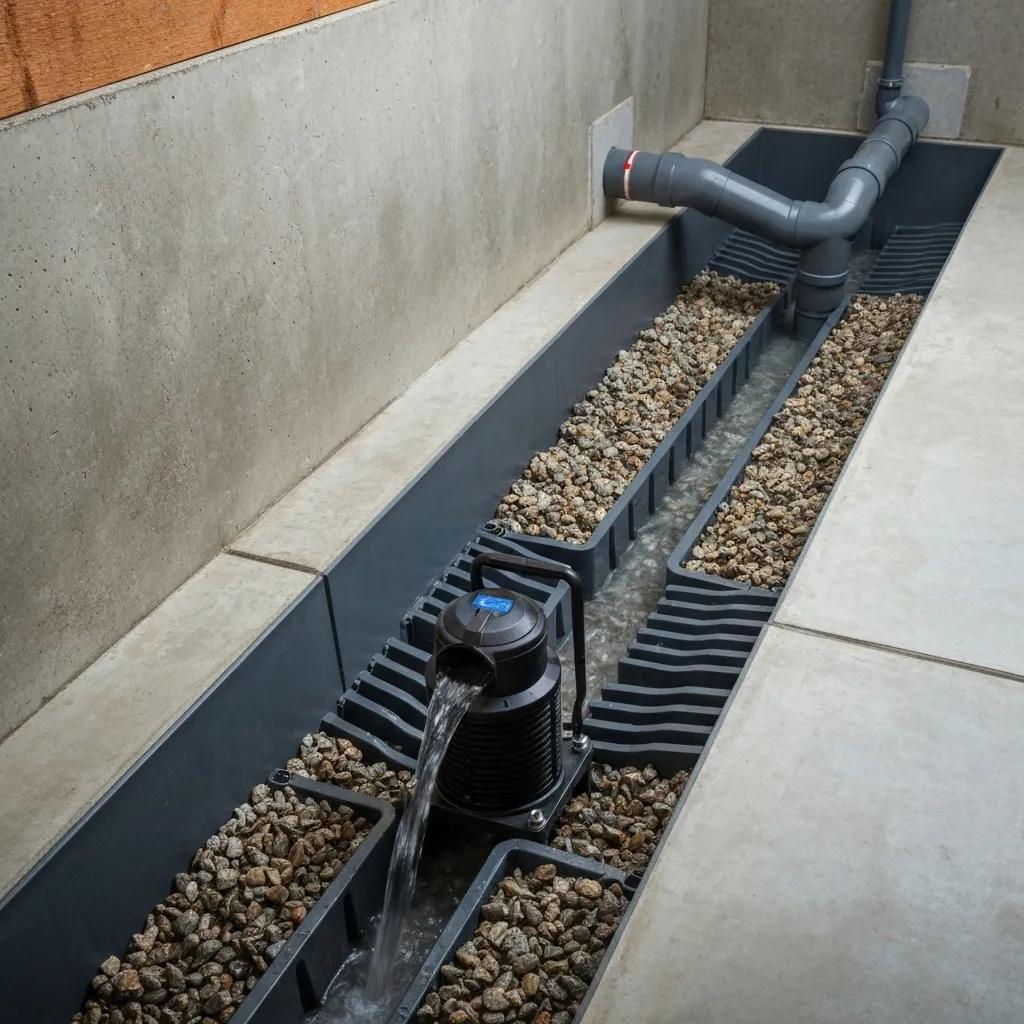 Interior drainage system with a trench drain and sump pump effectively managing basement water