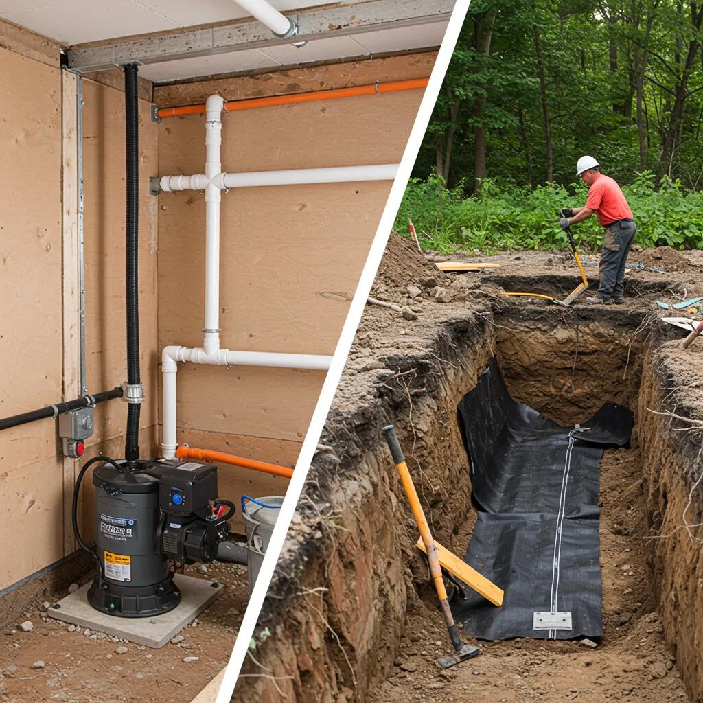 Contrasting scenes of interior and exterior basement waterproofing methods, illustrating differences