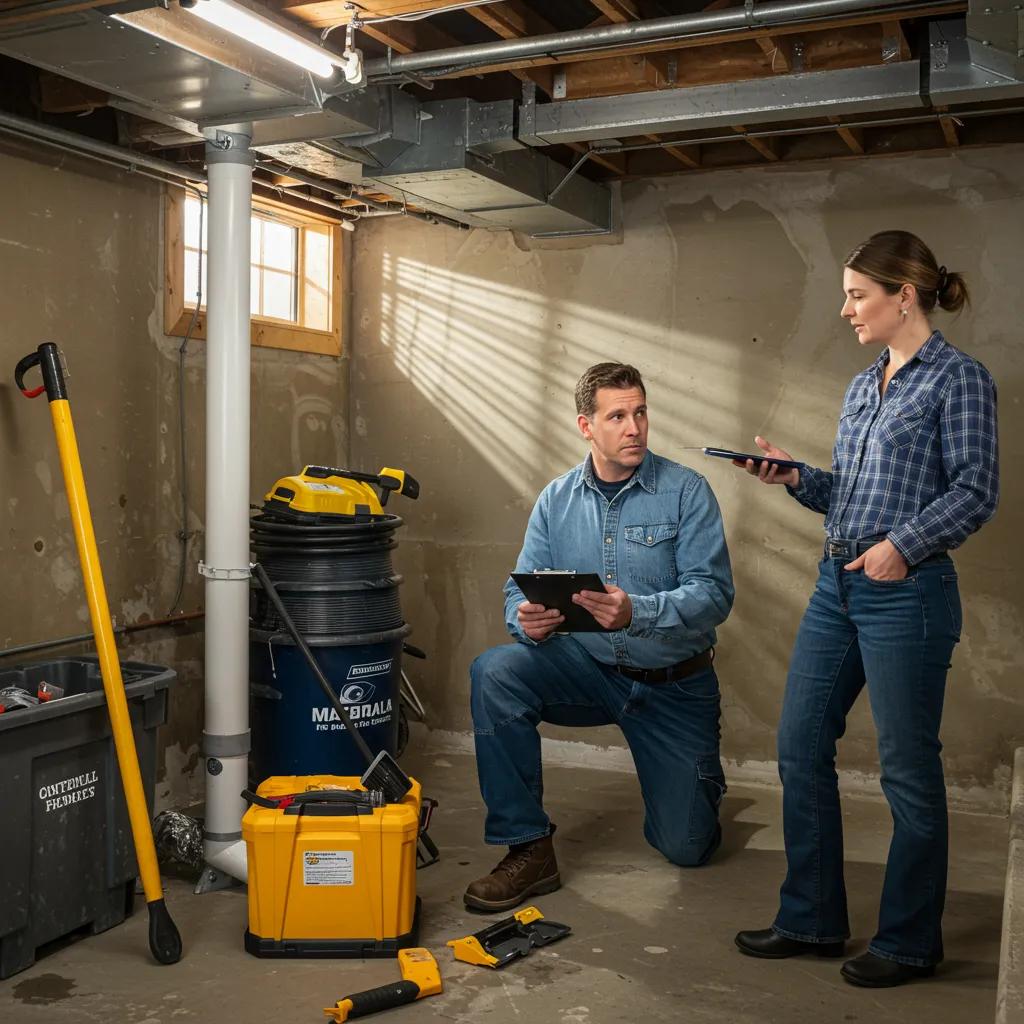 Professional inspecting a basement for waterproofing solutions, showcasing tools and moisture signs